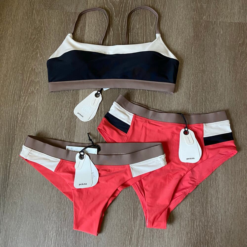 Prana Baja Bound Adjustable Top & 2 Swim Bottoms Size S Colorblock Bikini Bundle